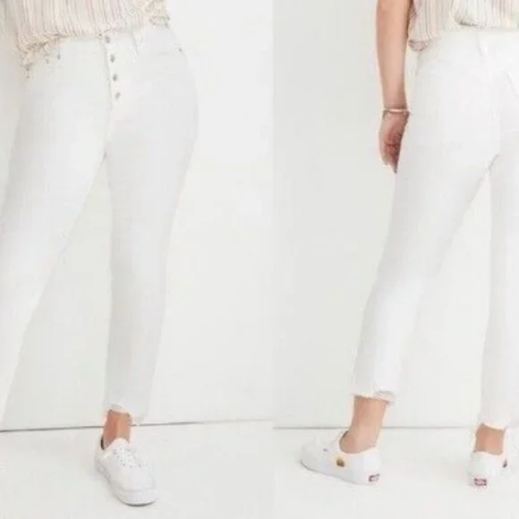 Madewell Distress White Skinny Button Fly Jeans with Raw Hem - Size 25 - Picture 4 of 16